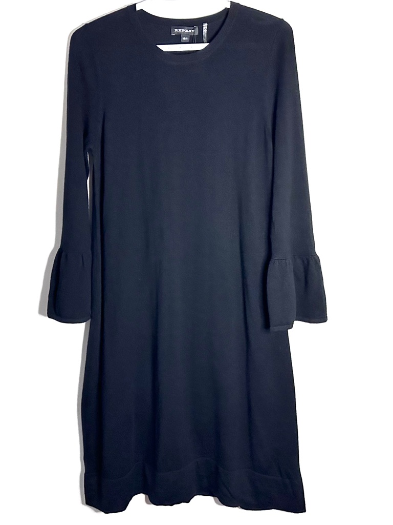 New Repeat Black Merino Wool Midi Crew Sweater Dress Bell Sleeve Size Small Eu38